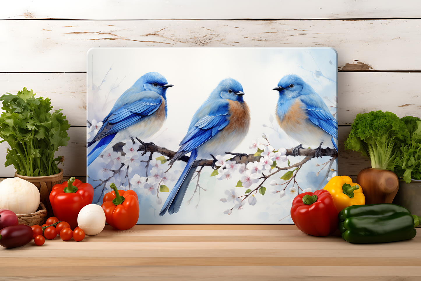 Tempered glass cutting board featuring bluebirds and farmhouse floral design, decorative countertop and wall art