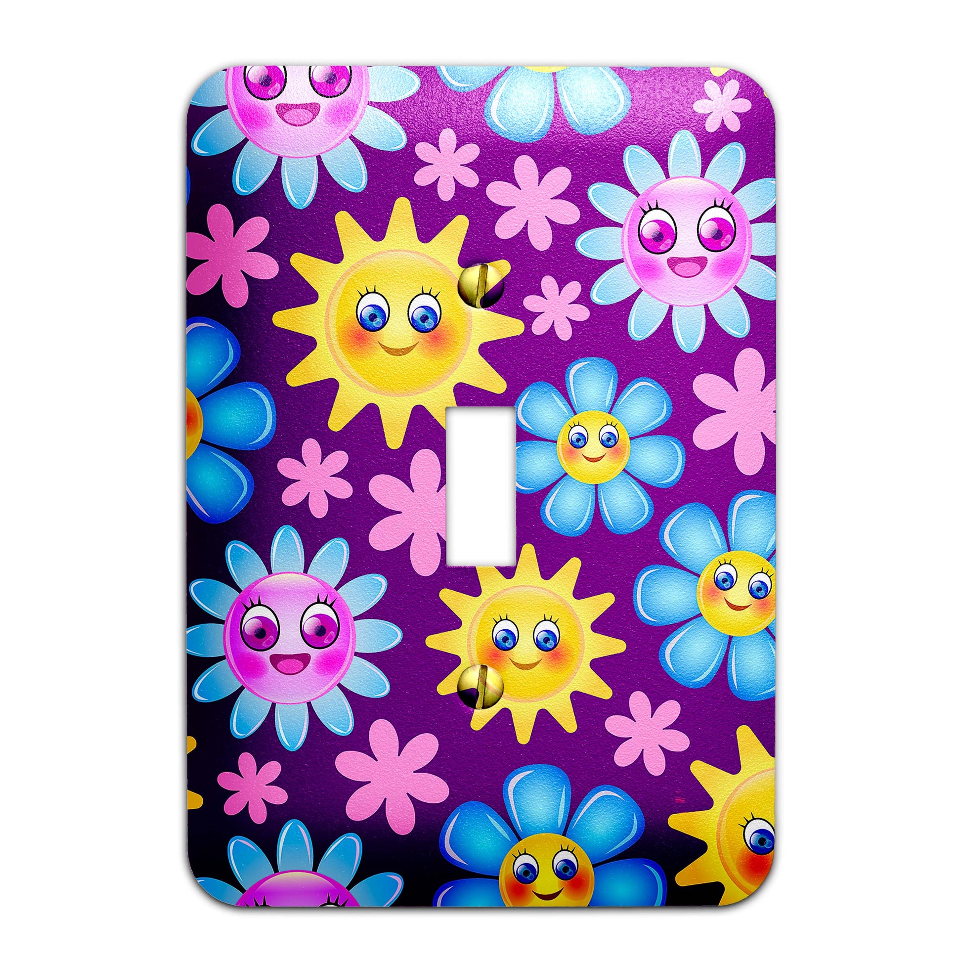 a purple flowered light switch cover with sun and flowers on it