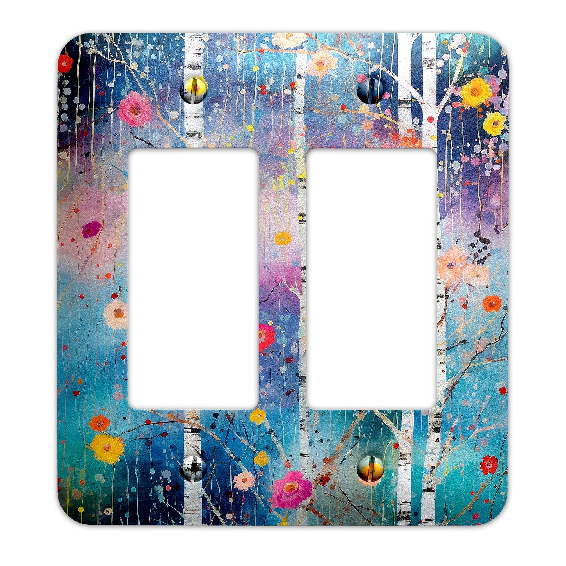 a double light switch plate cover with a painting of trees and flowers