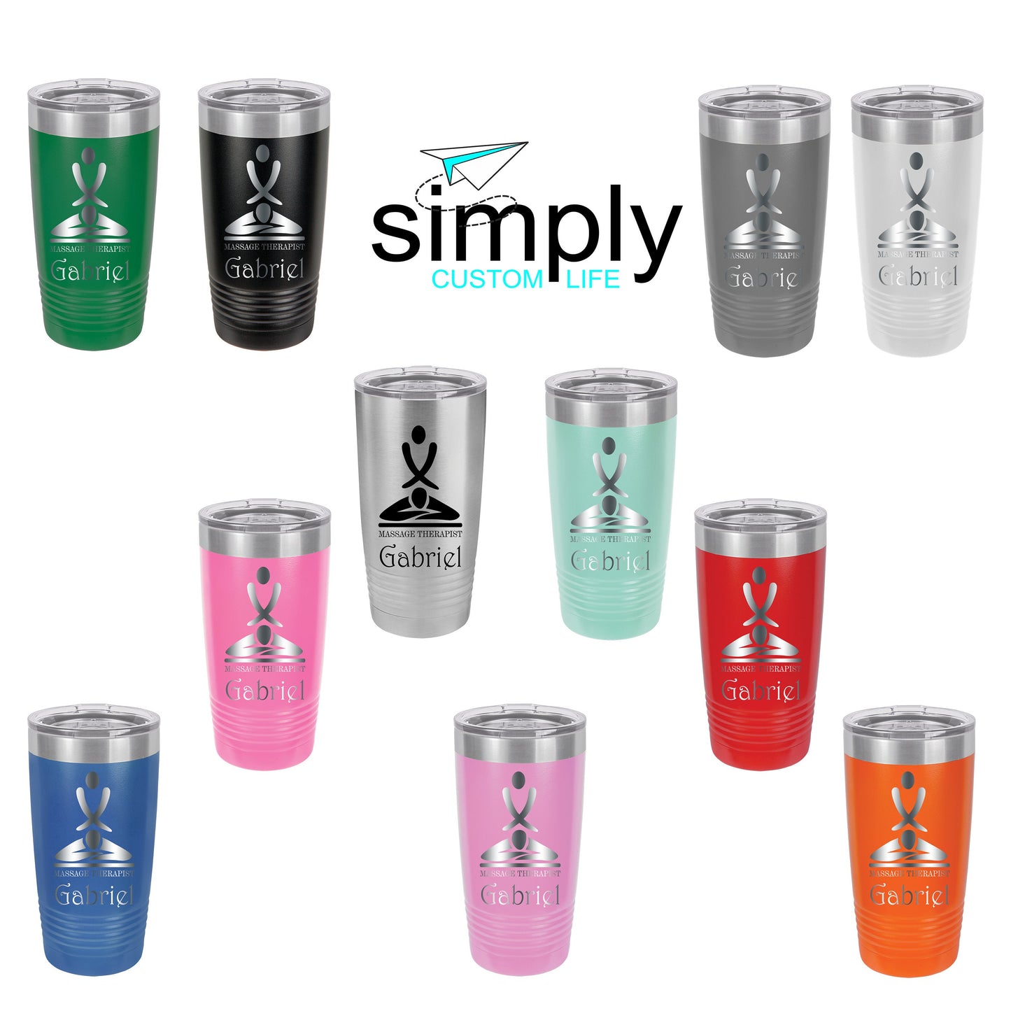 Massage Therapist Personalized Engraved Powder Coated Insulated 20 oz Tumbler 12 colors available