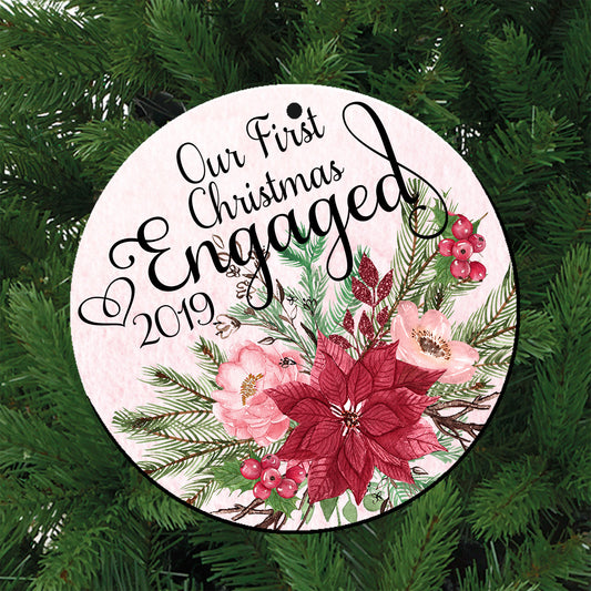 Engagement Keepsake Gifts 2019 First Christmas Engaged Ornament Newly Engaged 3" Porcelain Ceramic with Velvet Pouch for Gift Giving