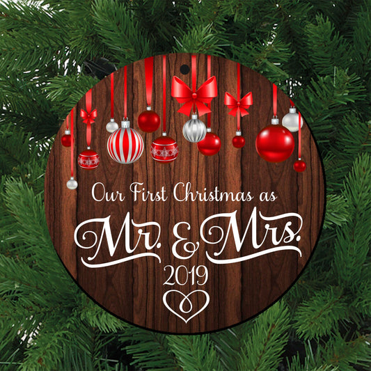 First Christmas as Mr & Mrs Ornament 1st Year Married Newlyweds 3" Porcelain Ceramic Ornament, In Velvet Pouch for Gift Giving