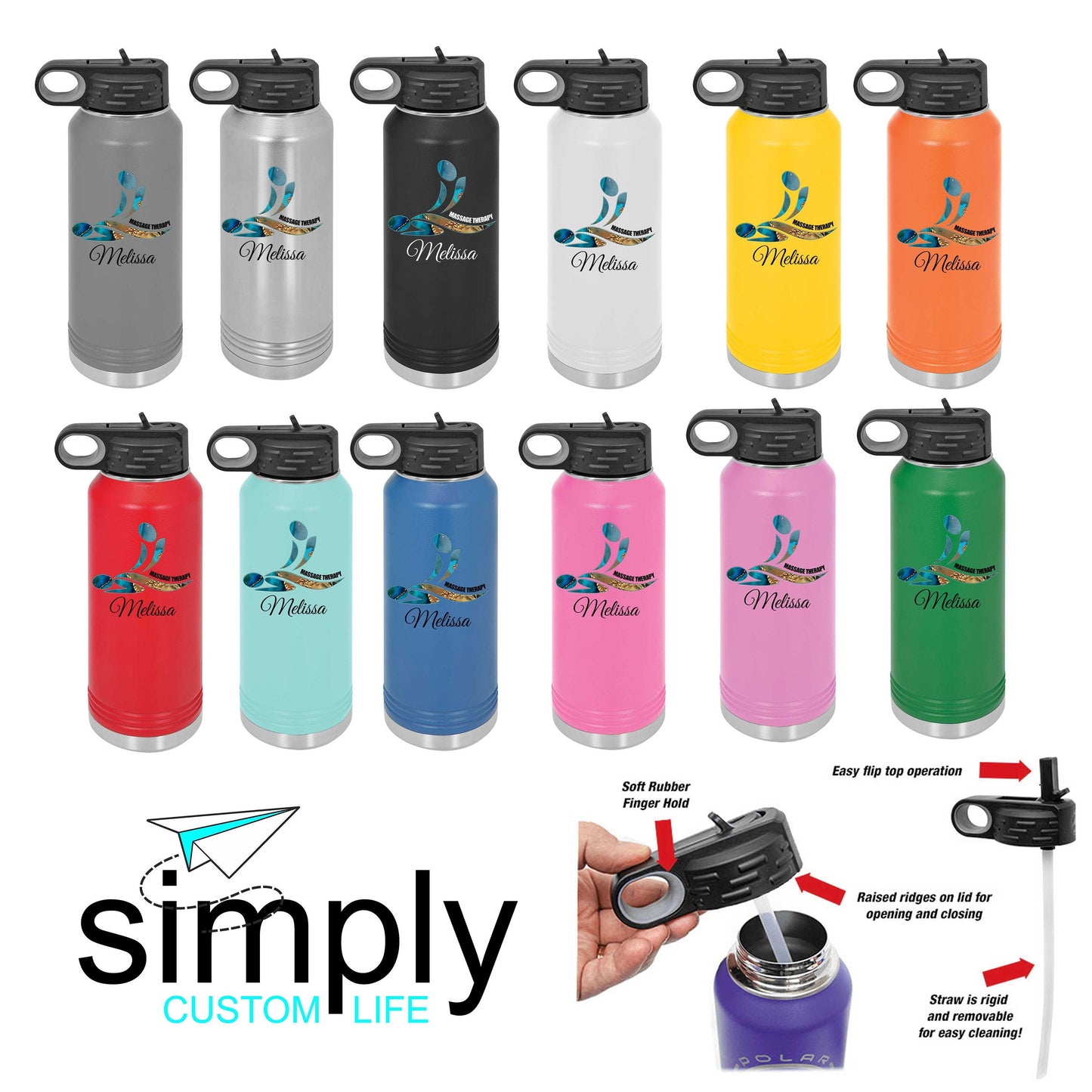 Massage Therapy Personalized UV Printed Insulated Stainless Steel 32 oz Water Bottle