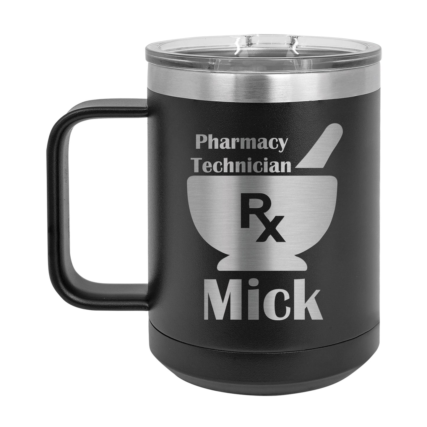Motar and Pestle Personalized Engraved 15 oz Insulated Coffee Mug, Gift for Pharmacist / Pharmacy Tech