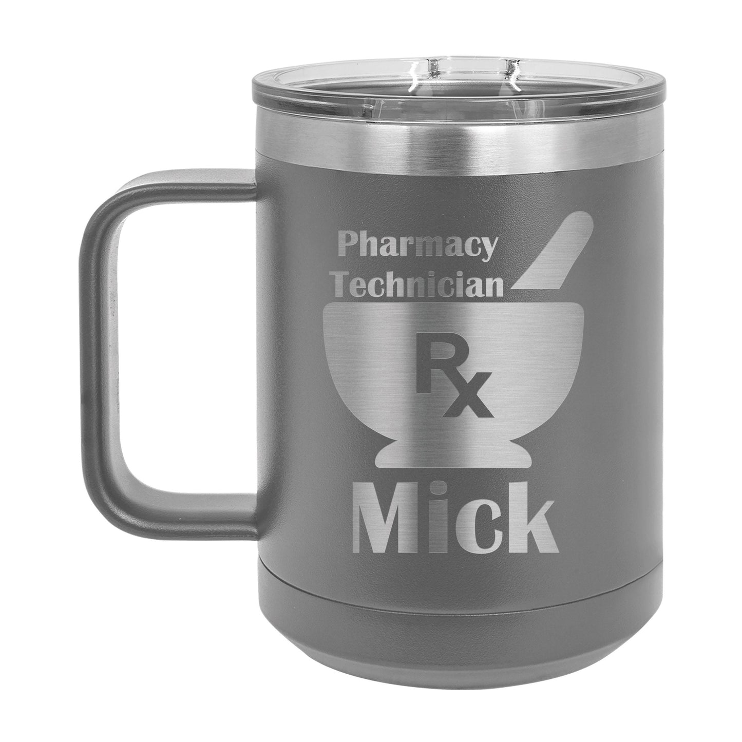 Motar and Pestle Personalized Engraved 15 oz Insulated Coffee Mug, Gift for Pharmacist / Pharmacy Tech