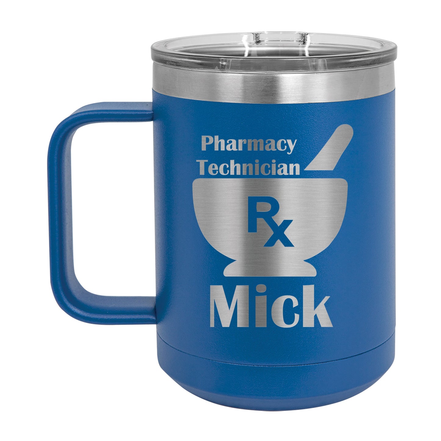 Motar and Pestle Personalized Engraved 15 oz Insulated Coffee Mug, Gift for Pharmacist / Pharmacy Tech