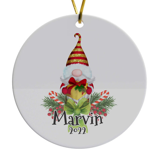 Gnome with Gift - Personalized Ceramic Christmas Ornament with Name and Date