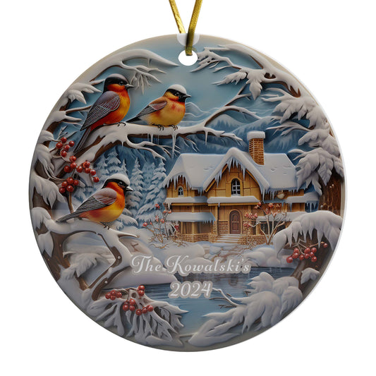 Snowy Woodland Scene Christmas Ornament, Porcelain Ceramic Ornament, In Velvet Pouch for Gift Giving