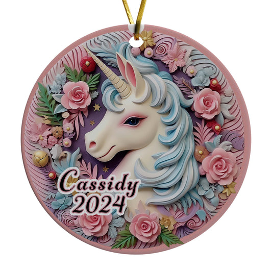 Mystical Magical Unicorn Personalized Christmas Ornament, Porcelain Ceramic Ornament, In Velvet Pouch for Gift Giving