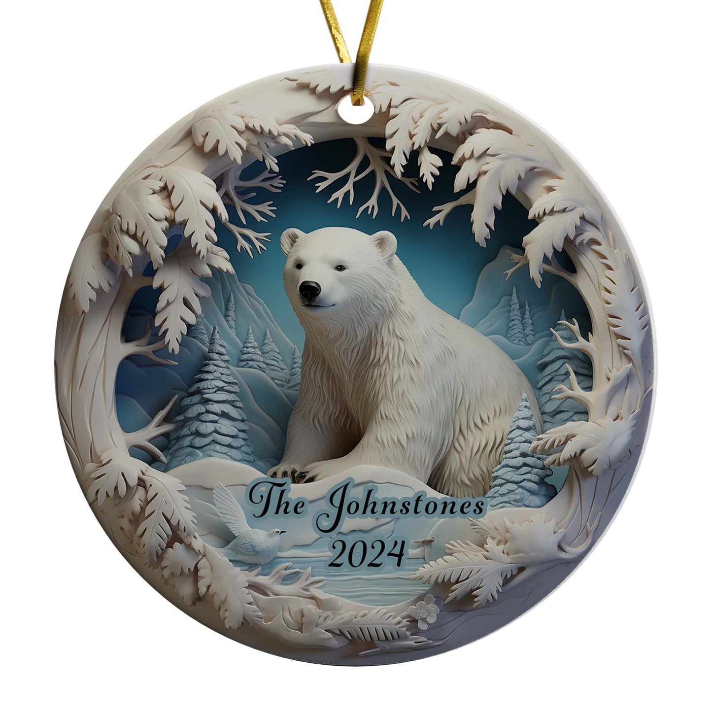 Polar Bear Wonderland Christmas Ornament, Porcelain Ceramic Ornament, In Velvet Pouch for Gift Giving