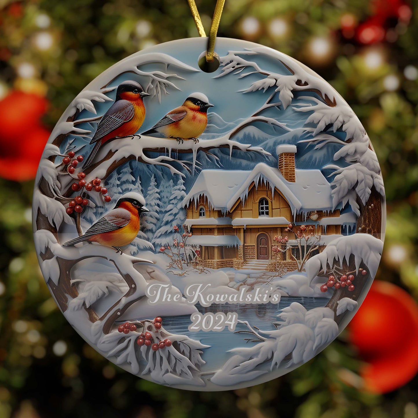 Snowy Woodland Scene Christmas Ornament, Porcelain Ceramic Ornament, In Velvet Pouch for Gift Giving