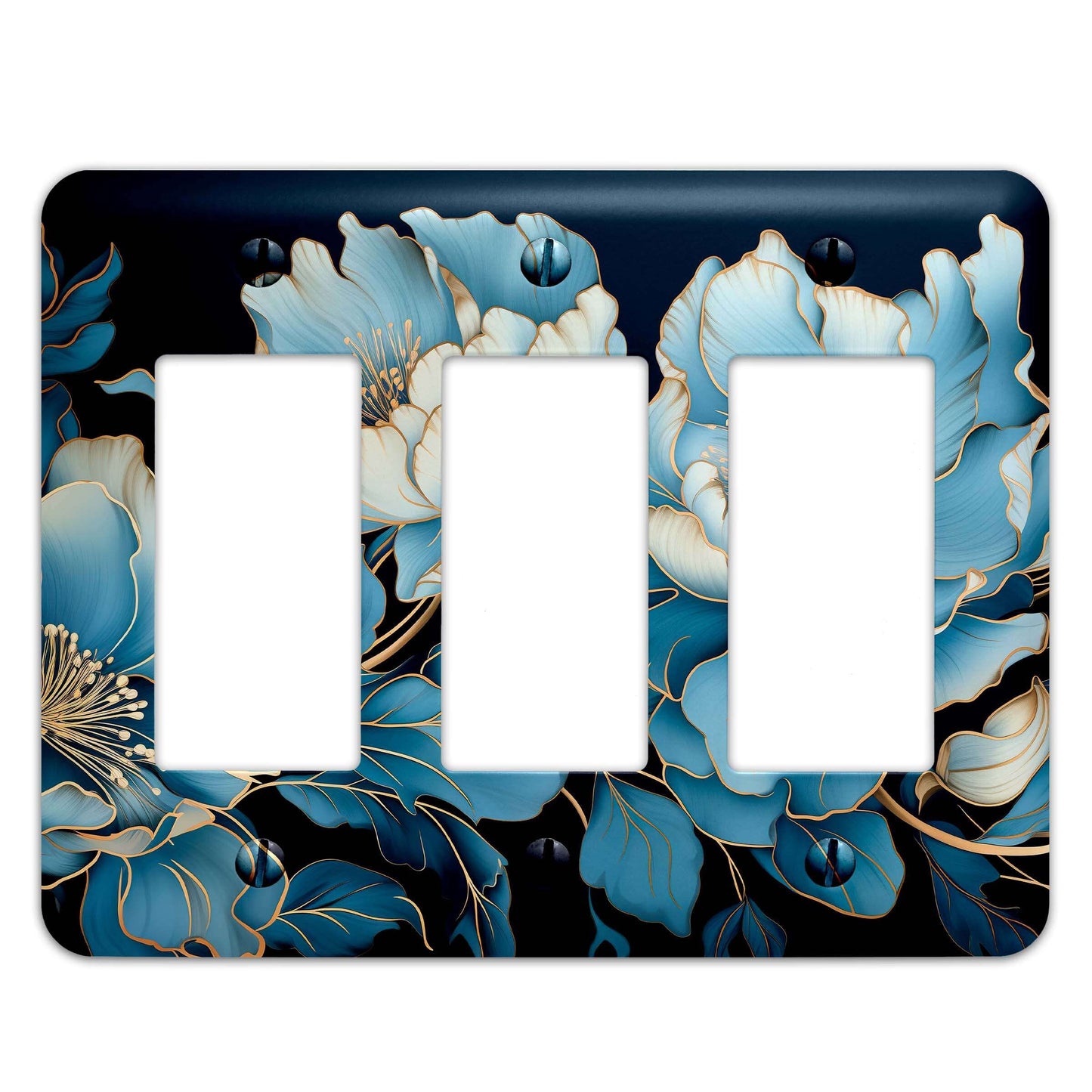 Blue Floral with Gold Accents - Metal Decorative Light Switch Plate Cover - Other Sizes Available #4762