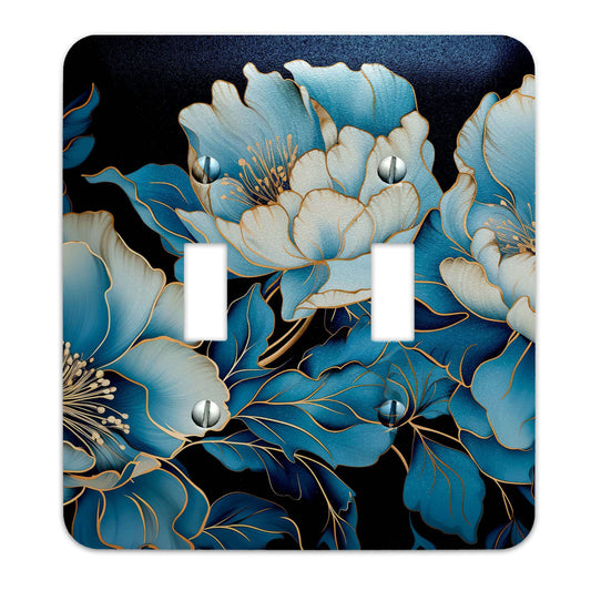Blue Floral with Gold Accents - Metal Decorative Light Switch Plate Cover - Other Sizes Available #4762
