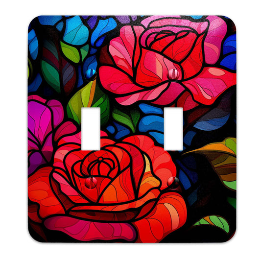 Faux Stained Glass Roses - Metal Decorative Light Switch Plate Cover - Other Sizes Available #4771