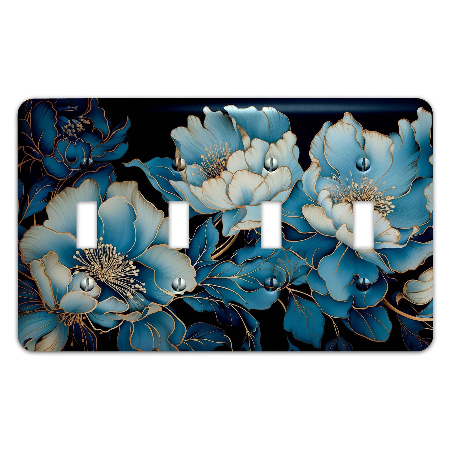 Blue Floral with Gold Accents - Metal Decorative Light Switch Plate Cover - Other Sizes Available #4762