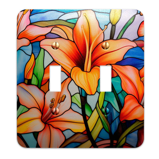 Day Lillies on Stained Glass Design Metal Decorative Light Switch Plate Cover, Home Decor, Wall Decor - Several Sizes Available #4828
