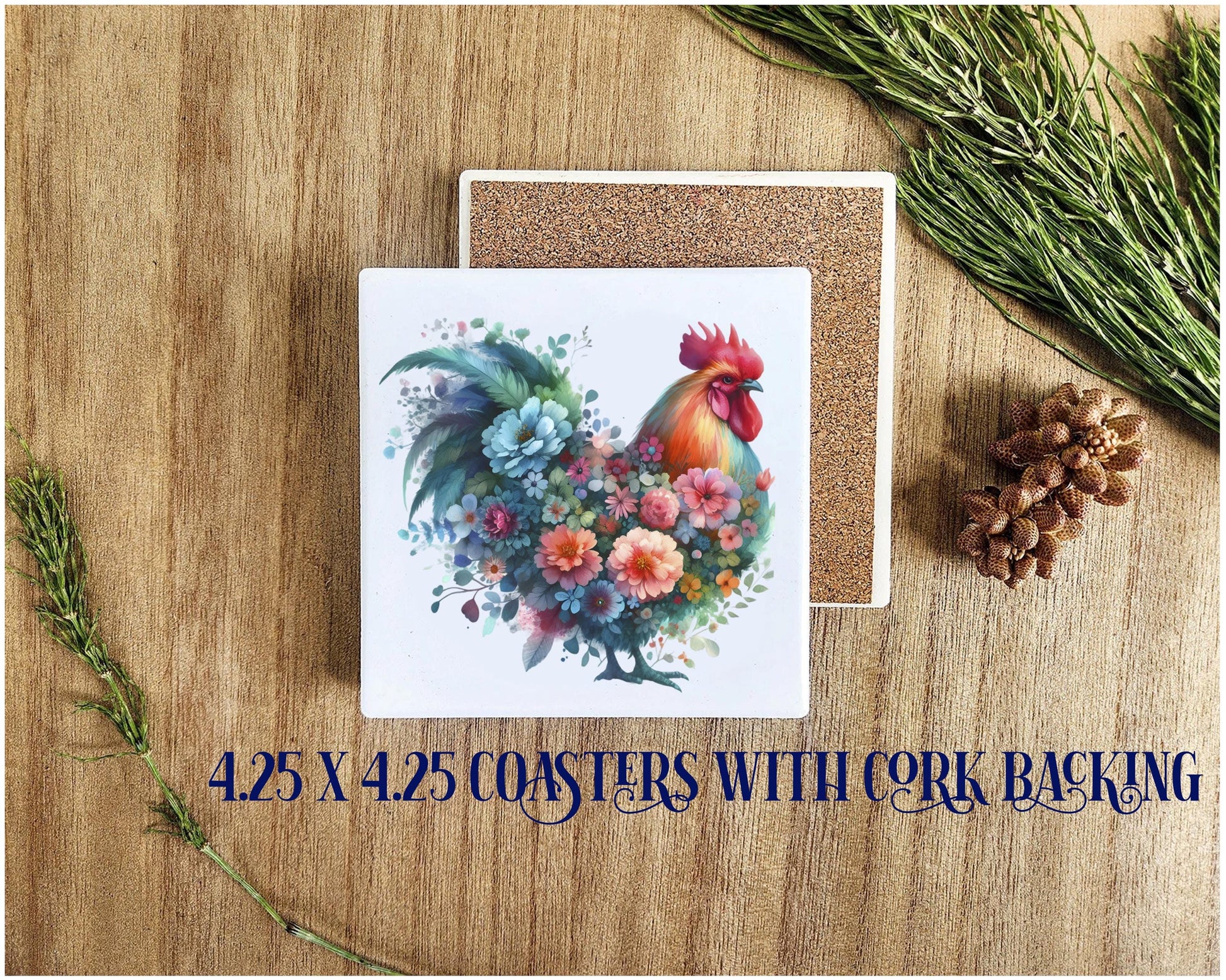 a card with a picture of a rooster and flowers