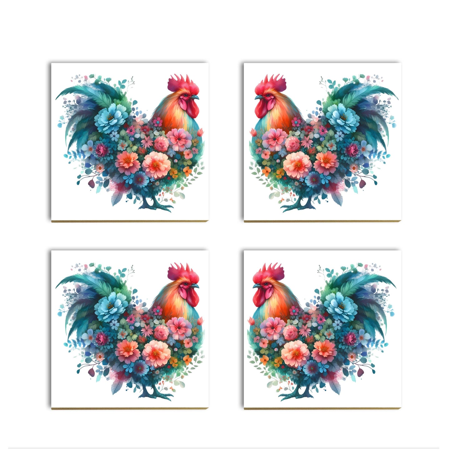 a set of four paintings of roosters and flowers