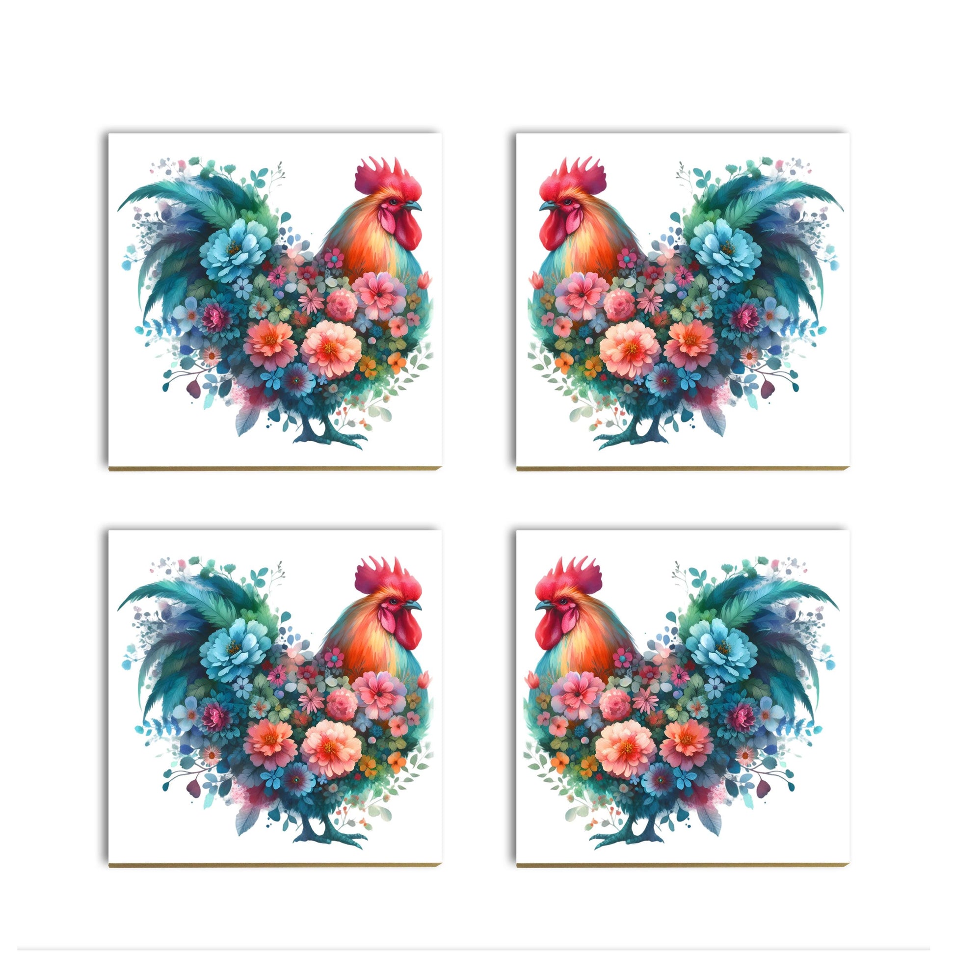 a set of four paintings of roosters and flowers