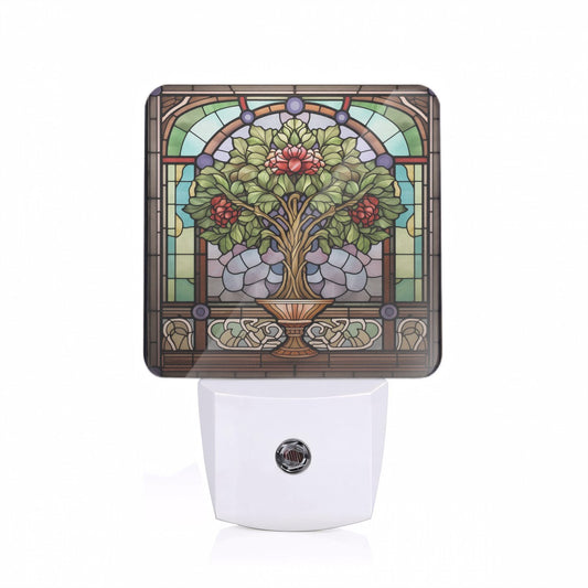 Nightlight - Potted Plant on Stained Glass Ceramic Tile Custom LED Dusk to Dawn Night Light, Home Decor, Wall Art #5261