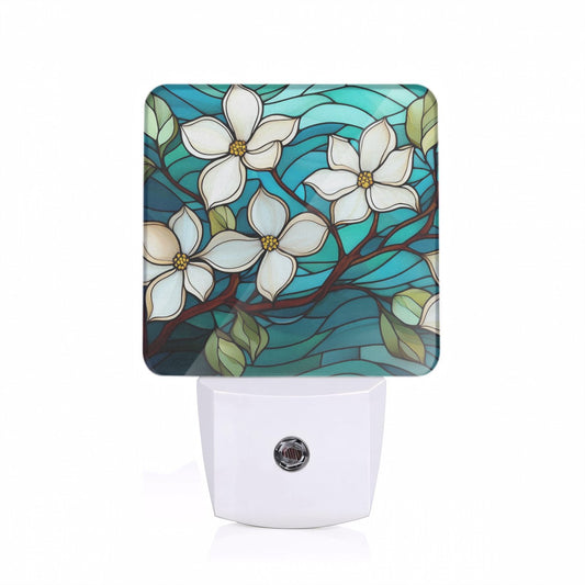 Nightlight - Dogwoods on Stained Glass Custom LED Dusk to Dawn Night Light, Home Decor, Wall Art #5250
