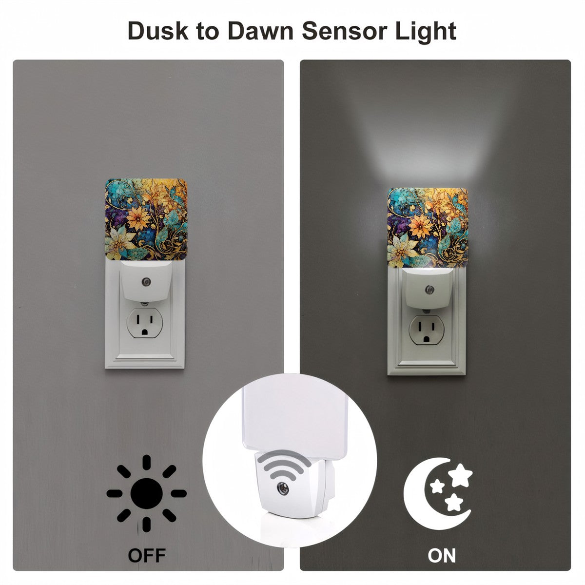Whimsical floral abstract LED night light with dusk-to-dawn sensor, decorative plug-in nightlight for bedroom, artistic home decor with soft glow.