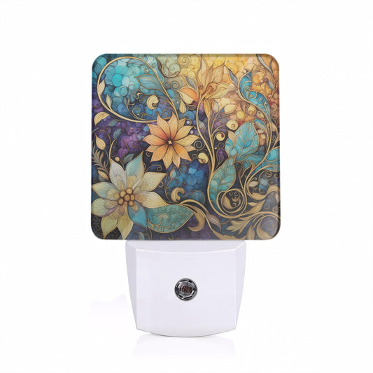 Whimsical floral abstract LED night light with dusk-to-dawn sensor, decorative plug-in nightlight for bedroom, artistic home decor with soft glow.